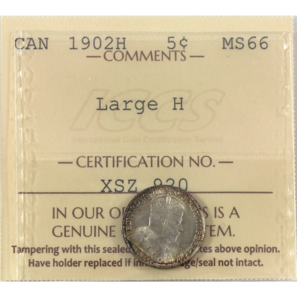 5-cent 1902H Large H ICCS MS66