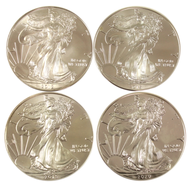 4x 1oz USA 2012, 2013, 2015 & 2020 $1 .999 Fine Silver Eagle. 4pcs