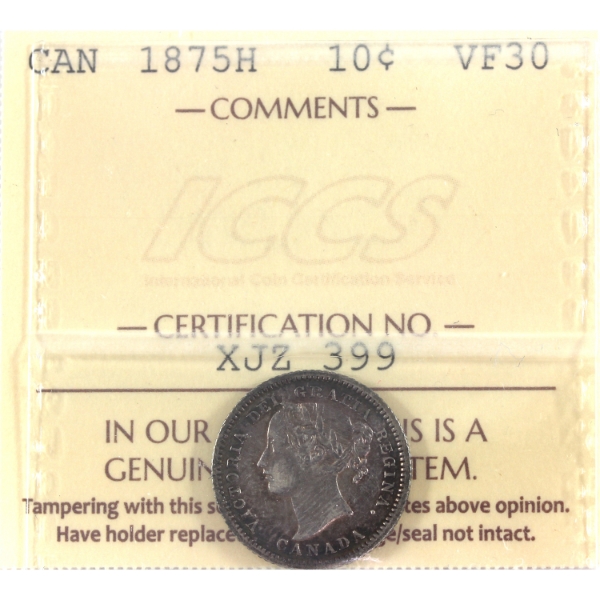 10-cent 1875H ICCS VF30