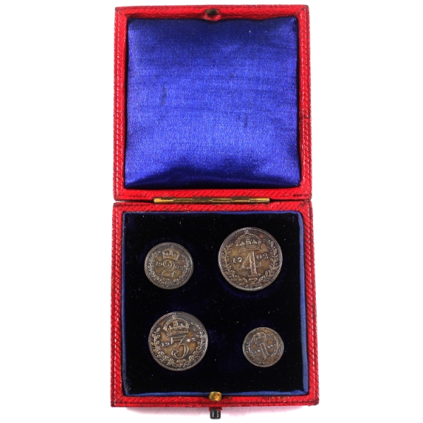 Great Britain Silver 1902 King Edward VII 4pc Sterling Silver Maundy Set in Original Case