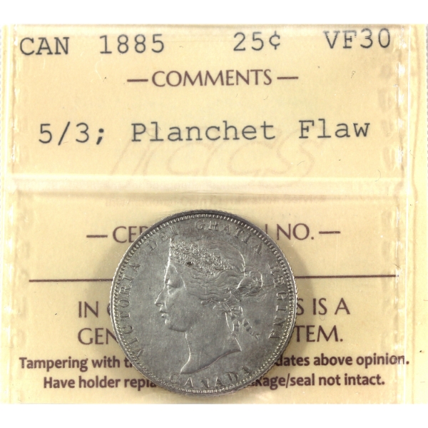 25-cent 1885 5/3, Planchet Flaw ICCS VF30