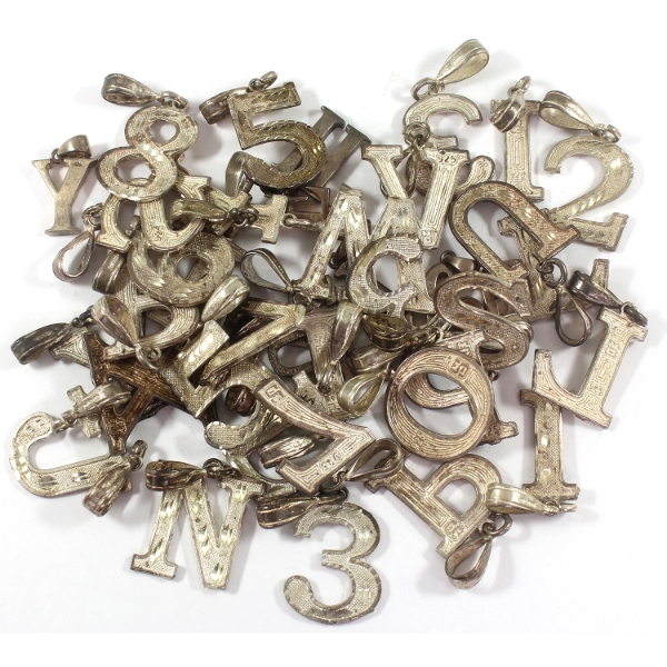 Bulk Lot of Sterling Silver Letter & Number Pendants, 148g Lot Total. 41pcs.
