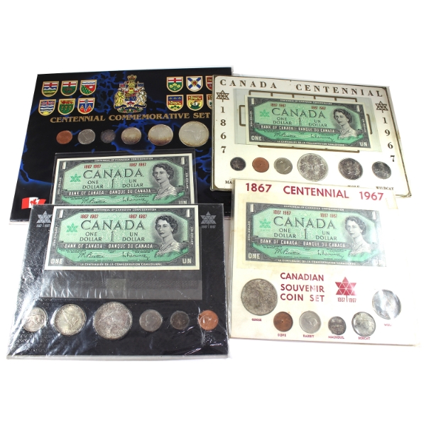 Group Lot of 4x Assorted 1867-1967 Centennial Commemorative Coin and $1 Bank Note Sets. 4 sets