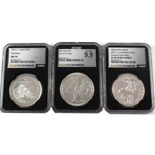 3x 1oz World 2021-2023 .999 Fine Silver Rounds NGC MS 9.9 to PF70. 3pcs. (Tax Exempt)