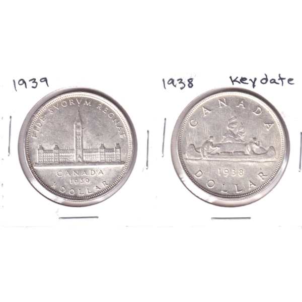Silver $1 1938 & 1939. 2pcs