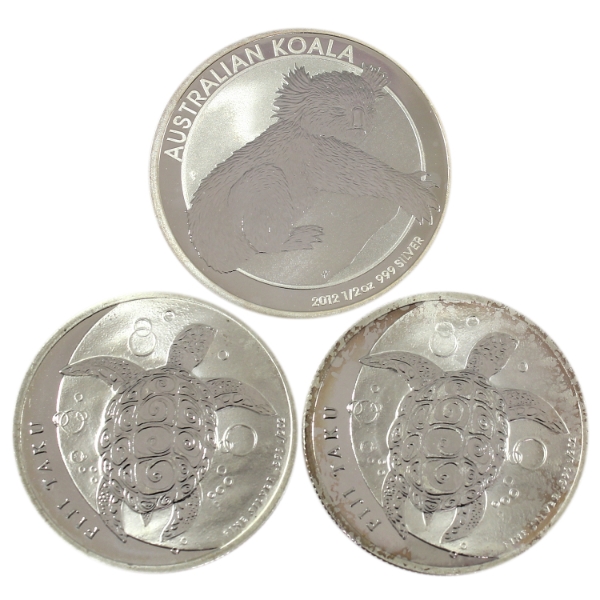 3x 1/2oz 2012 Australia 50-cent Koala & 2x Fiji $1 Taku Turtle .999 Fine Silver Rounds. 3pcs.