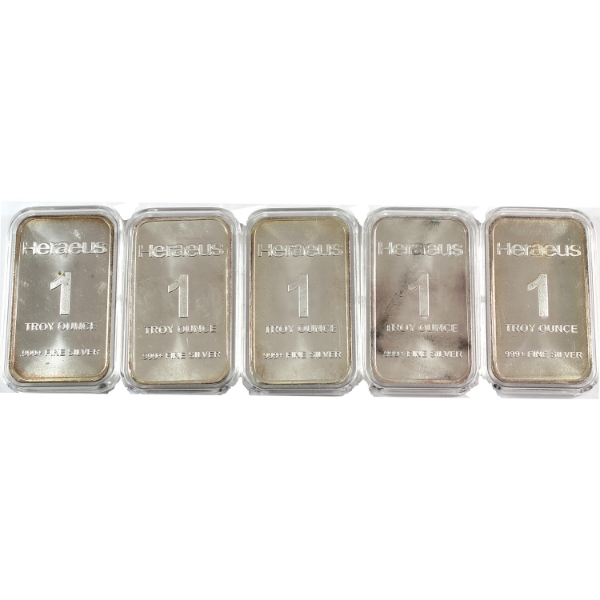 5x 1oz Heraeus Modern .999+ Silver Bars. 5pcs. (Tax Exempt)