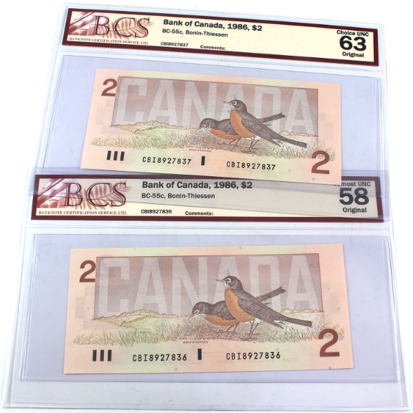 2x BC-55c 1986 $2 Consecutive BCS AU58 Original to CUNC63 Original Bonin-Thiessen CBI Prefix. 2pcs.