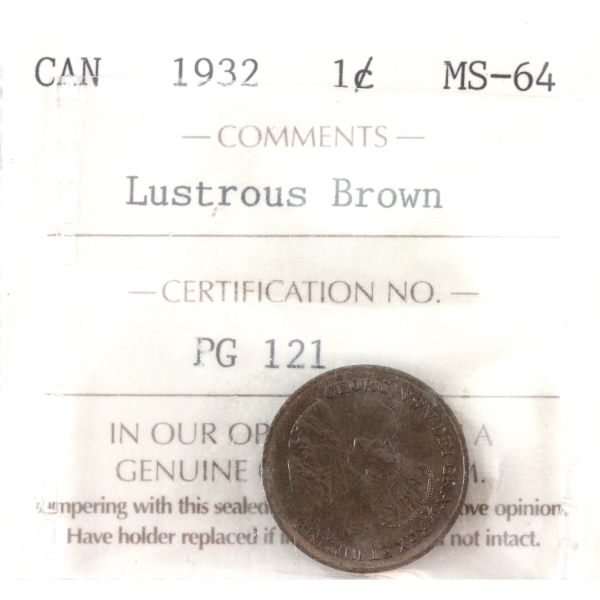 1-cent 1932 ICCS MS64 Lustrous Brown