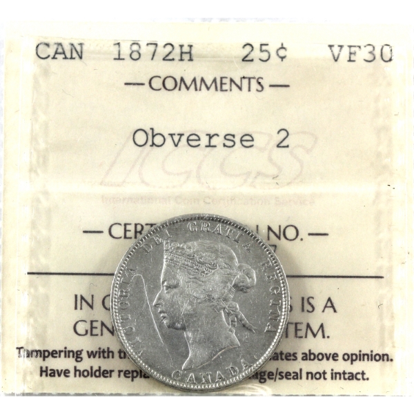 25-cent 1872H Obv 2 ICCS VF30