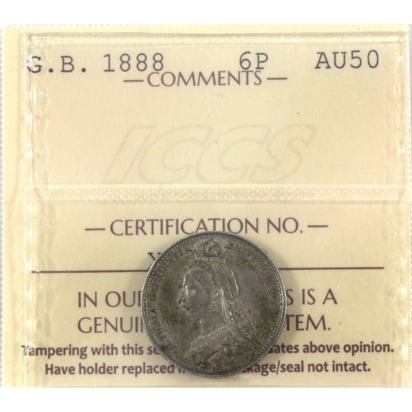 Great Britain Silver 1888 6 Pence ICCS AU50