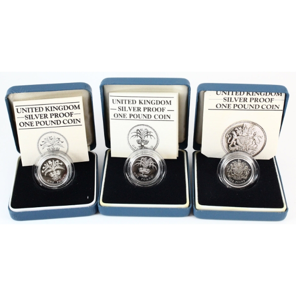 Great Britain 1983, 1984 & 1985 Sterling Silver Proof 1 Pound Coins. 3pcs.