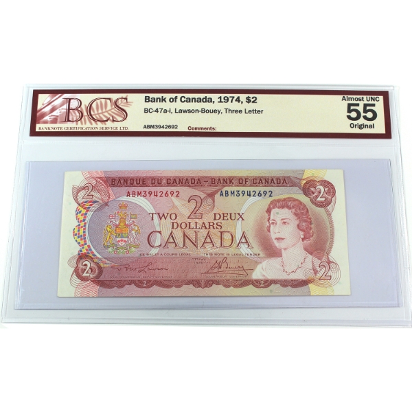 BC-47a-i 1974 $2 Three Letter BCS AU55 Original Lawson-Bouey SN: ABM3942692