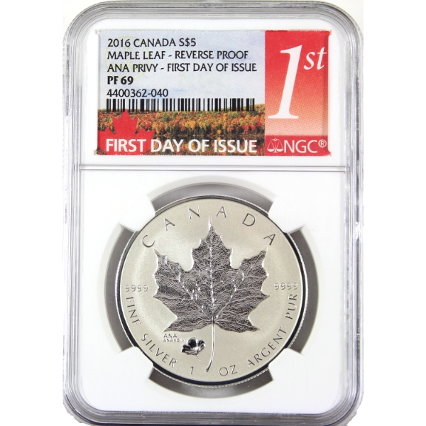 2016 $5 Silver Maple Leaf w/ ANA Anaheim Privy Reverse Proof First Day of Issue Fine Silver Coin 