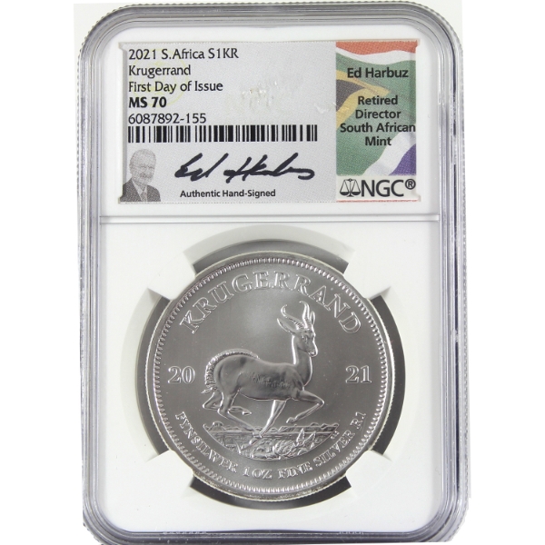 South Africa Silver 2021 Krugerrand First Day of Issue .999 Fine Silver Coin NGC MS70 (Tax Exempt)