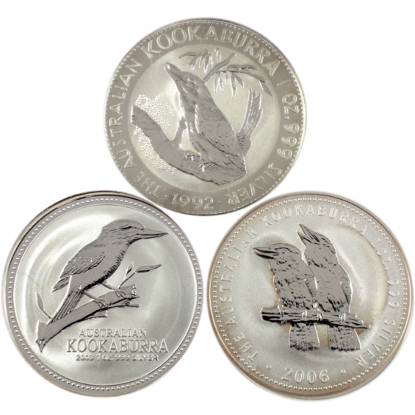 3x 1oz Australia 1992, 2003, & 2006 $1 Kookaburra .999 Fine Silver Rounds. 3pcs. (Tax Exempt)