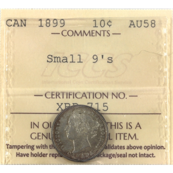 10-cent 1899 Small 9's ICCS AU58