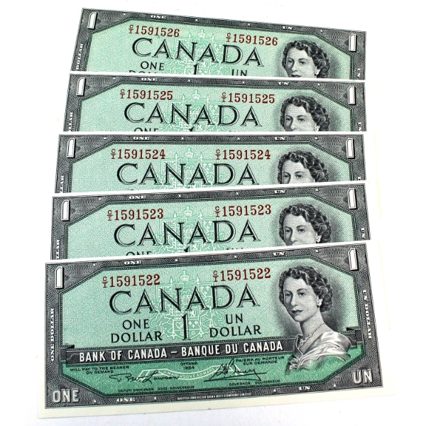Consecutive 5x BC-37d 1954 $1 Lawson-Bouey Bank of Canada Notes SN: C/I1591522-C/I1591526. 5pcs.