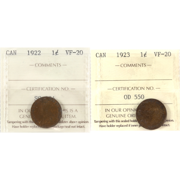 1-cent 1922 & 1923 ICCS VF20. 2pcs.