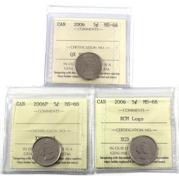 5-cent 2006, 2006P, & 2006 RCM Logo ICCS MS66. 3pcs.