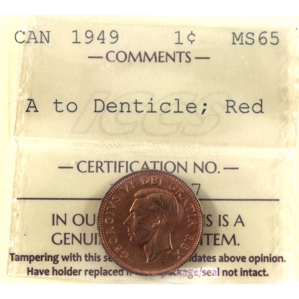 1-cent 1949 A to Denticle ICCS MS65 Red