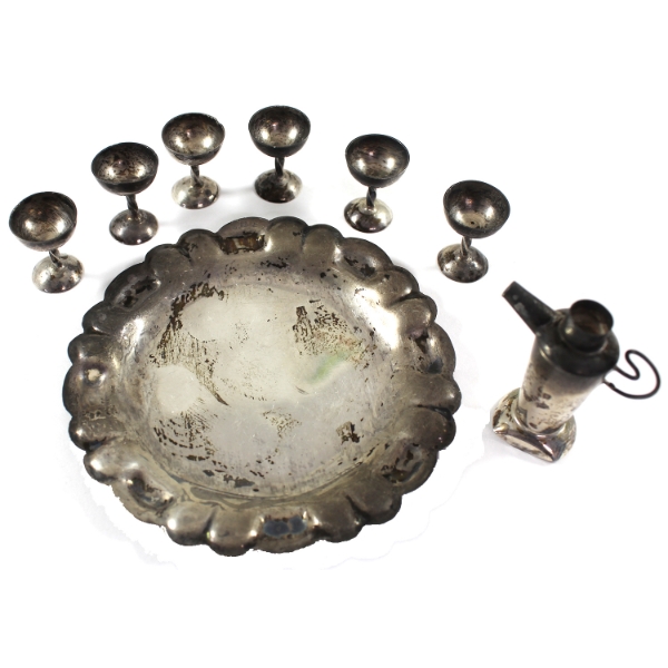 Lot of Vintage Antique Miniature Sterling Silver Tray, Jug & 6 Wine Goblet Set. 8pcs