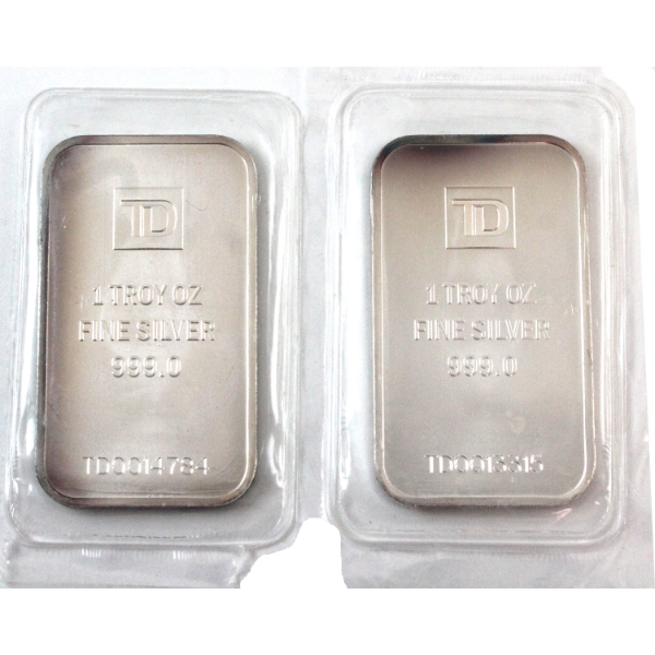 2x 1oz TD Bank .999 Fine Silver Bars Sealed SN: TD0013315 & TD0014784. 2pcs. (Tax Exempt)