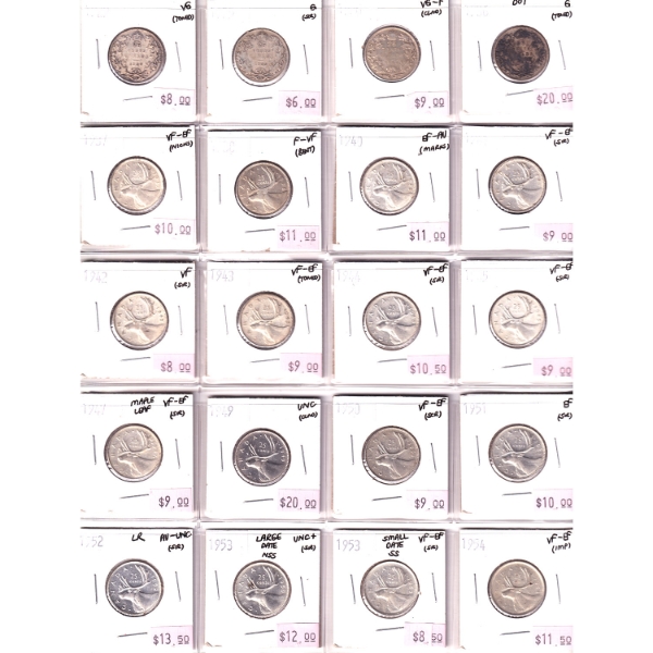 25-cent 1929-1954 Bulk Collection in 20-Pocket Sheet G to UNC+. 20pcs