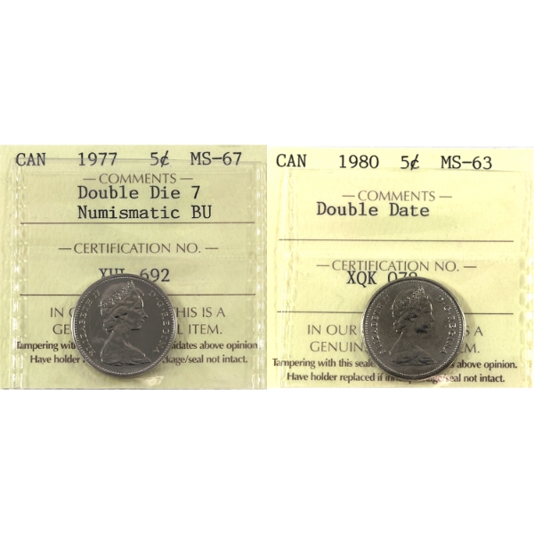 2X 5-cent 1977 & 1980 ICCS MS63 to MS67. 2pcs.