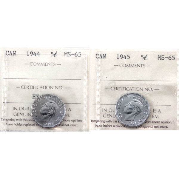5-cent 1944 & 1945 ICCS MS65. 2pcs