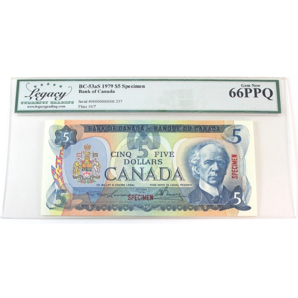 BC-53aS 1979 $5 Specimen Legacy GEM UNC66 PPQ Lawson-Bouey SN: 00000000000 237
