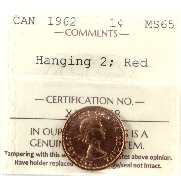 1-cent 1962 Hanging 2 ICCS MS65 Red