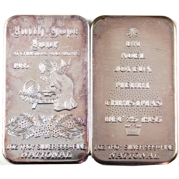 2x 1oz  National 1985 Christmas .999+ Fine Silver Bars (Tax Exempt)