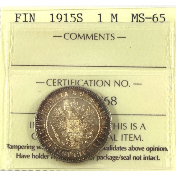 Finland Silver 1915S Markka ICCS MS65
