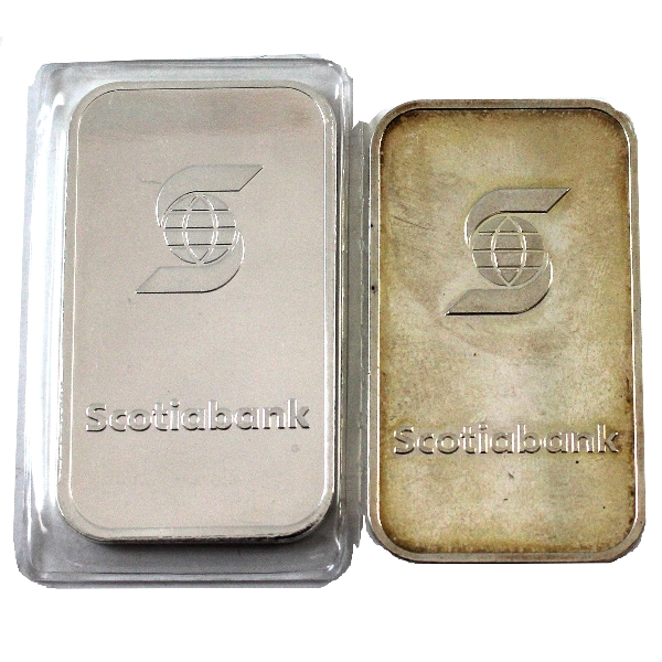 2x 1oz Scotiabank .999 Silver Bars with Different Purity Stampings ("999" and "999.0). 2pcs.