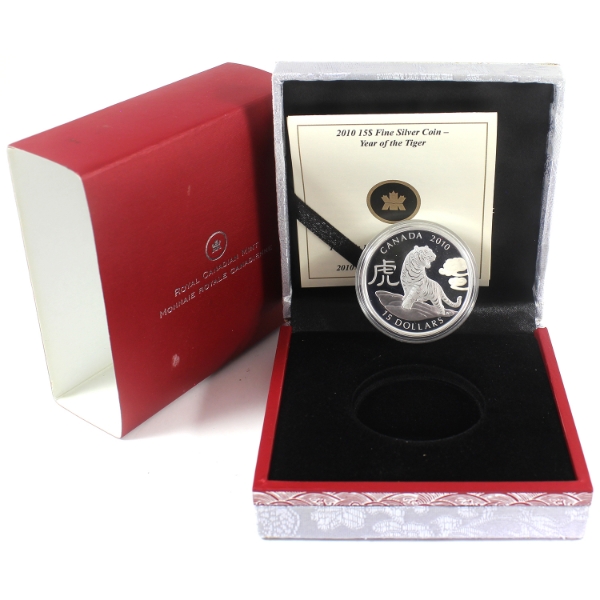 2010 $15 Zodiac Year of the Tiger 1oz .9999 Fine Silver Coin (Tax Exempt)