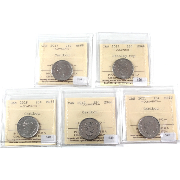 25-cent 2017, 2017 Stanley Cup, 2018, 2019 & 2021 ICCS MS66. 5pcs
