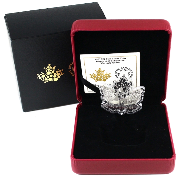 2016 $10 Canada Geese Maple Leaf Shaped Silhouette Fine Silver (Tax Exempt)