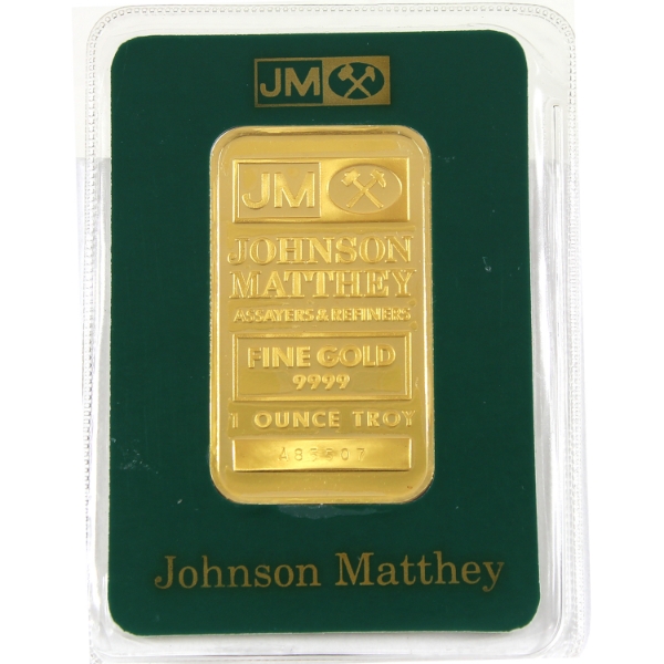 1oz Gold Johnson Matthey Vintage .9999 Gold Bar, SN: A85507. In Green Assay Card (Tax Exempt)