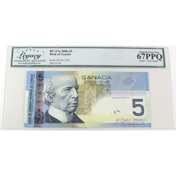 RADAR BC-67a 2006 $5 4-digit RADAR Legacy Superb GEM UNC67 PPQ Jenkins-Dodge SN:APJ2453542