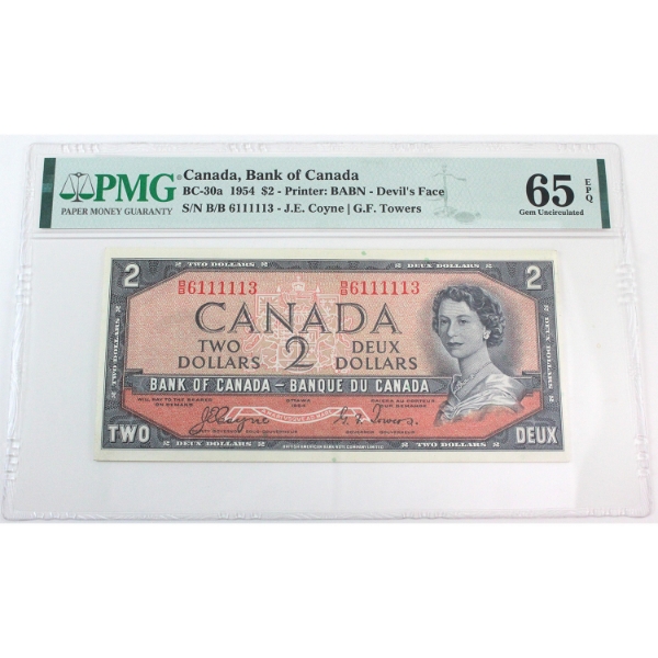 BC-30a 1954 $2 Devil's Face PMG GEM UNC65 EPQ Coyne-Towers SN: B/B6111113
