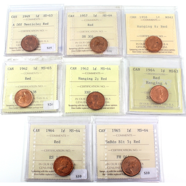 1-cent 1949-1965 ICCS MS62 to MS65 Red. 8pcs.