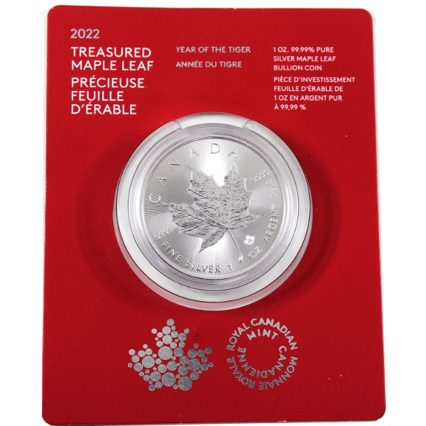 2022 $5 Year of the Tiger Treasured Silver Maple Leaf 1oz Fine Silver (Tax Exempt)