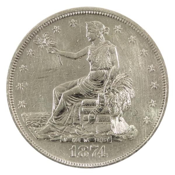 USA Silver 1874-S Trade Dollar AU (Lightly Cleaned)