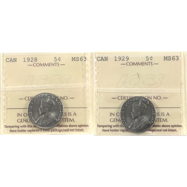 5-cent 1928 & 1929 ICCS MS63. 2pcs.