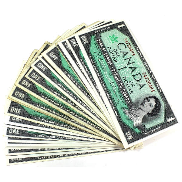 Bulk Lot of 1967 $1 Beattie-Rasminsky Banknotes. 35pcs.