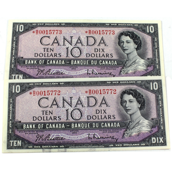 BC-40bA 1954 $10 *B/D Replacement Consecutive Notes in Sequence Beattie-Rasminsky 2pcs