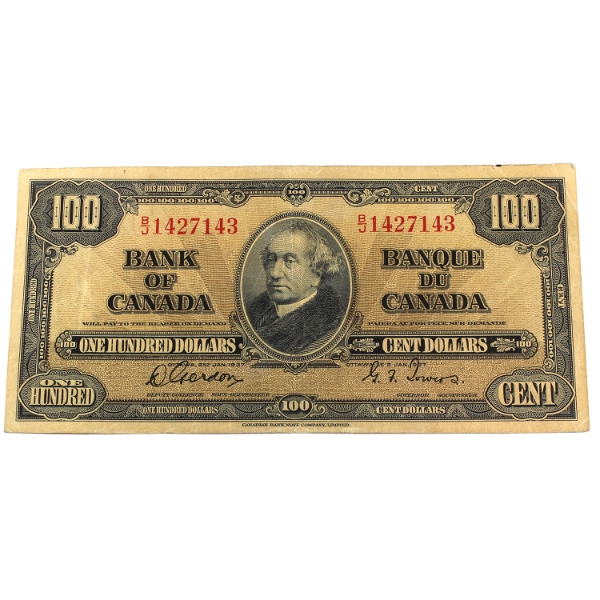 BC-27b 1937 $100 VF Gordon-Towers SN: B/J1427143