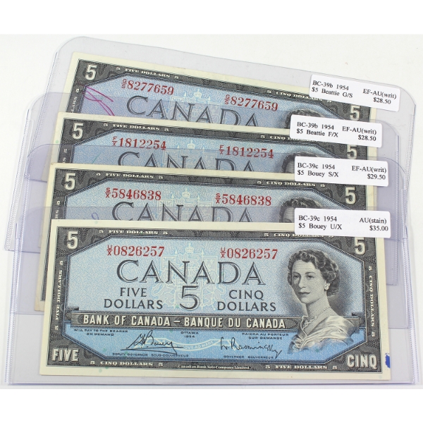 BC-39b & BC-39C 1954 $5 EF-AU to AU Beattie-Rasminsky & Bouey-Rasminsky. 4pcs.