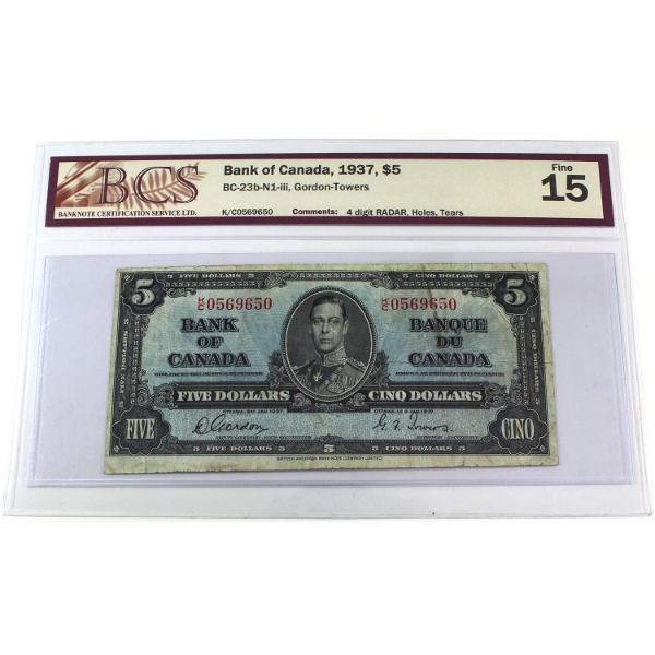 RADAR BC-23b-N1-iii 1937 $5 4 Digit RADAR BCS F15 Gordon-Towers SN: K/C0569650